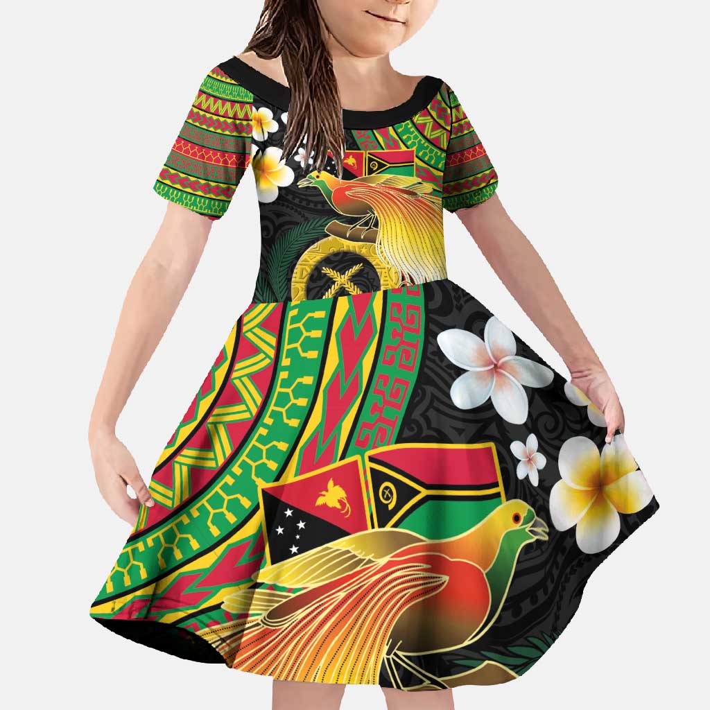 Vanuatu and Papua New Guinea Together Family Matching Off Shoulder Maxi Dress and Hawaiian Shirt Bird-of-paradise and Pig Tusk Melanesian Pattern LT03 Daughter's Dress Black - Polynesian Pride