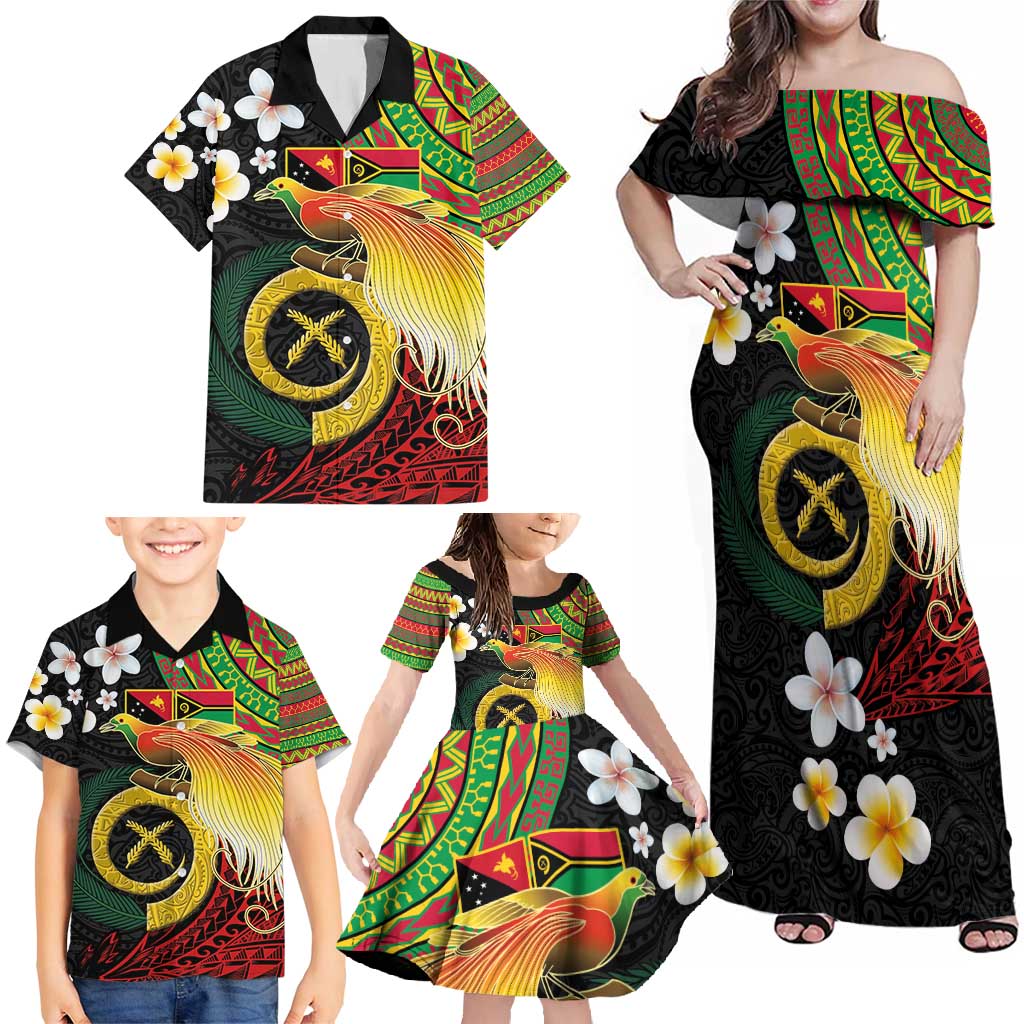 Vanuatu and Papua New Guinea Together Family Matching Off Shoulder Maxi Dress and Hawaiian Shirt Bird-of-paradise and Pig Tusk Melanesian Pattern LT03 - Polynesian Pride
