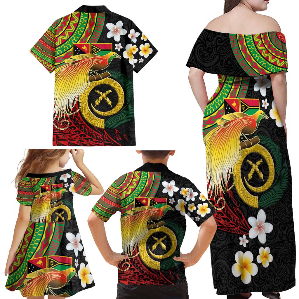 Vanuatu and Papua New Guinea Together Family Matching Off Shoulder Maxi Dress and Hawaiian Shirt Bird-of-paradise and Pig Tusk Melanesian Pattern LT03 - Polynesian Pride