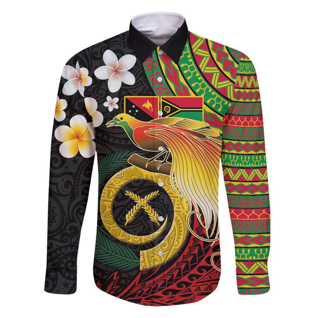 Vanuatu and Papua New Guinea Together Family Matching Off Shoulder Maxi Dress and Hawaiian Shirt Bird-of-paradise and Pig Tusk Melanesian Pattern LT03 Dad's Shirt - Long Sleeve Black - Polynesian Pride