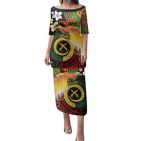 Vanuatu and Papua New Guinea Together Family Matching Puletasi and Hawaiian Shirt Bird-of-paradise and Pig Tusk Melanesian Pattern LT03 Mom's Dress Black - Polynesian Pride