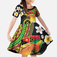 Vanuatu and Papua New Guinea Together Family Matching Short Sleeve Bodycon Dress and Hawaiian Shirt Bird-of-paradise and Pig Tusk Melanesian Pattern LT03 Daughter's Dress Black - Polynesian Pride