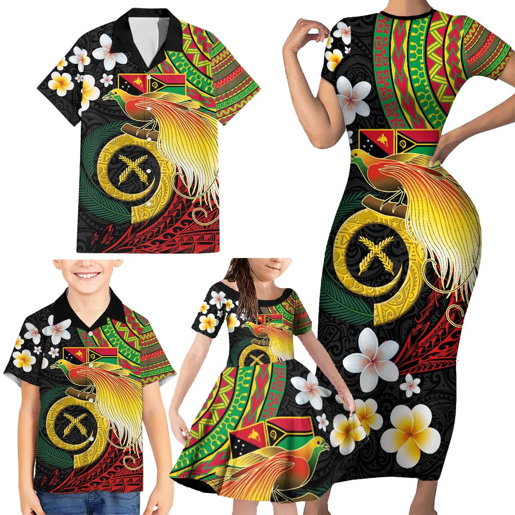 Vanuatu and Papua New Guinea Together Family Matching Short Sleeve Bodycon Dress and Hawaiian Shirt Bird-of-paradise and Pig Tusk Melanesian Pattern LT03 - Polynesian Pride