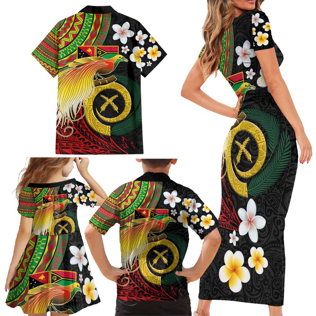 Vanuatu and Papua New Guinea Together Family Matching Short Sleeve Bodycon Dress and Hawaiian Shirt Bird-of-paradise and Pig Tusk Melanesian Pattern LT03 - Polynesian Pride
