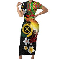 Vanuatu and Papua New Guinea Together Family Matching Short Sleeve Bodycon Dress and Hawaiian Shirt Bird-of-paradise and Pig Tusk Melanesian Pattern LT03 Mom's Dress Black - Polynesian Pride