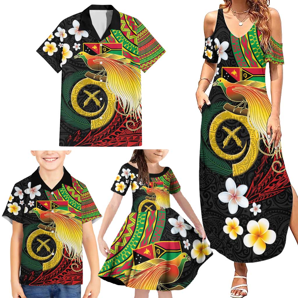 Vanuatu and Papua New Guinea Together Family Matching Summer Maxi Dress and Hawaiian Shirt Bird-of-paradise and Pig Tusk Melanesian Pattern LT03 - Polynesian Pride