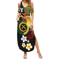 Vanuatu and Papua New Guinea Together Family Matching Summer Maxi Dress and Hawaiian Shirt Bird-of-paradise and Pig Tusk Melanesian Pattern LT03 Mom's Dress Black - Polynesian Pride