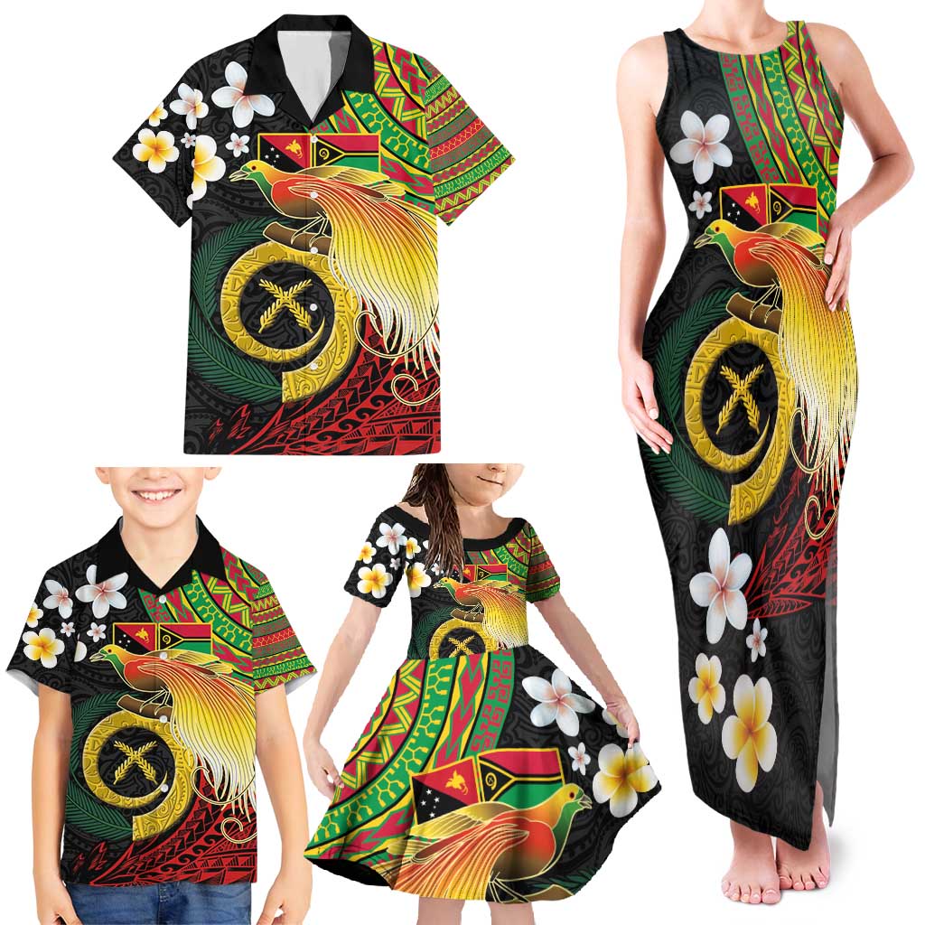 Vanuatu and Papua New Guinea Together Family Matching Tank Maxi Dress and Hawaiian Shirt Bird-of-paradise and Pig Tusk Melanesian Pattern LT03 - Polynesian Pride