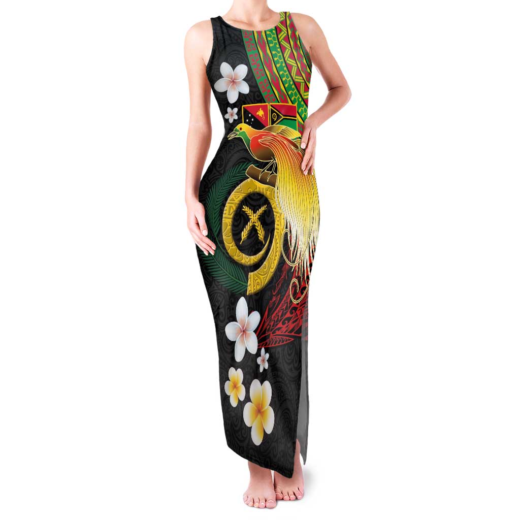 Vanuatu and Papua New Guinea Together Family Matching Tank Maxi Dress and Hawaiian Shirt Bird-of-paradise and Pig Tusk Melanesian Pattern LT03 Mom's Dress Black - Polynesian Pride