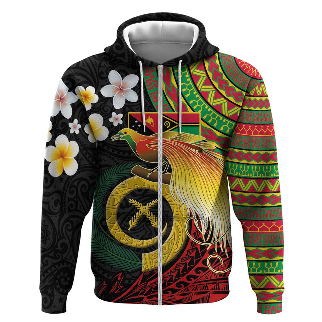 Vanuatu and Papua New Guinea Together Hoodie Bird-of-paradise and Pig Tusk Melanesian Pattern LT03 Zip Hoodie Black - Polynesian Pride