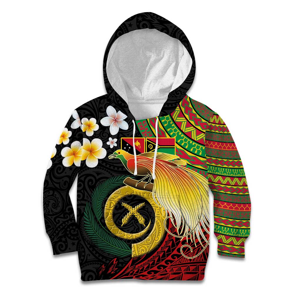 Vanuatu and Papua New Guinea Together Kid Hoodie Bird-of-paradise and Pig Tusk Melanesian Pattern LT03 Hoodie Black - Polynesian Pride