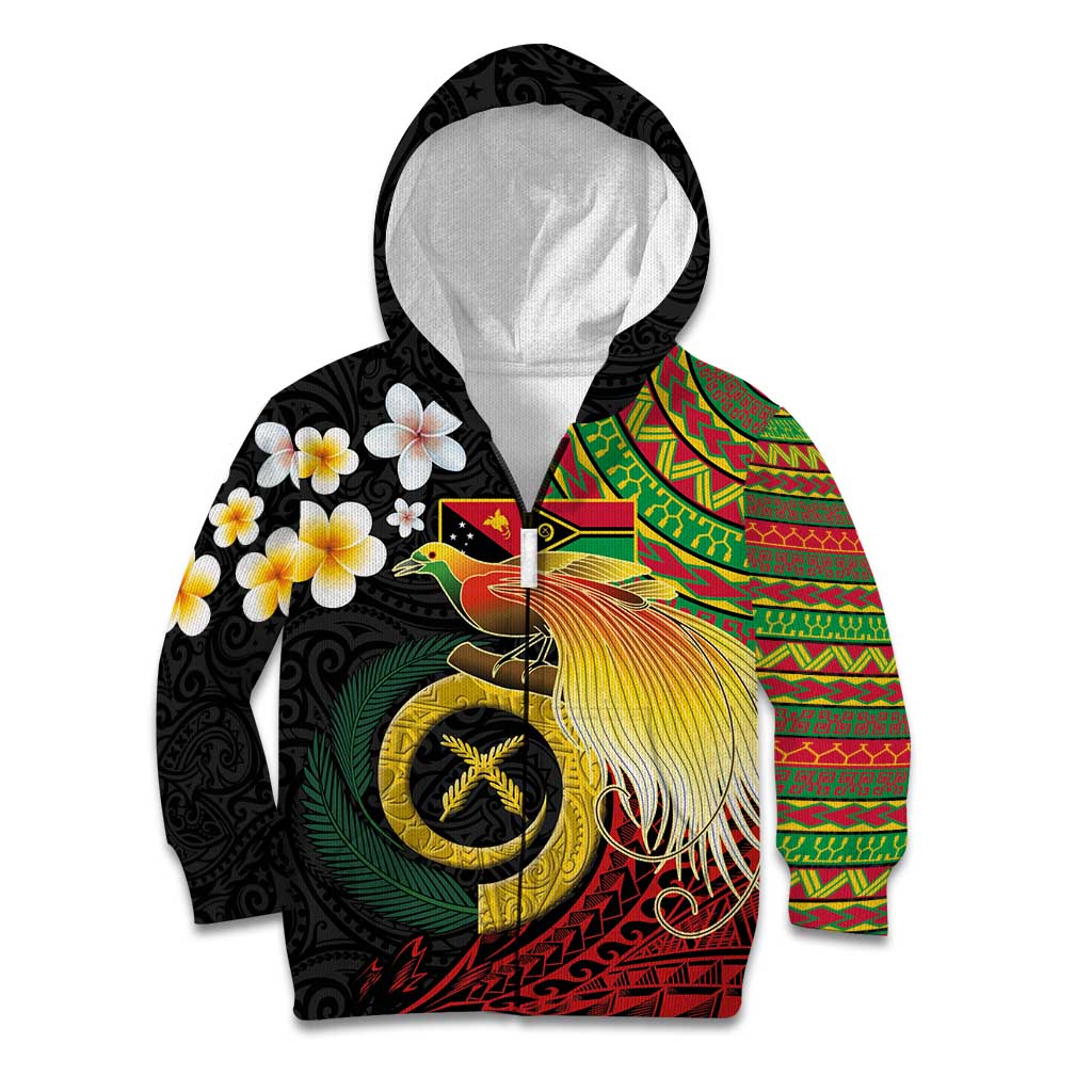 Vanuatu and Papua New Guinea Together Kid Hoodie Bird-of-paradise and Pig Tusk Melanesian Pattern LT03 Zip Hoodie Black - Polynesian Pride