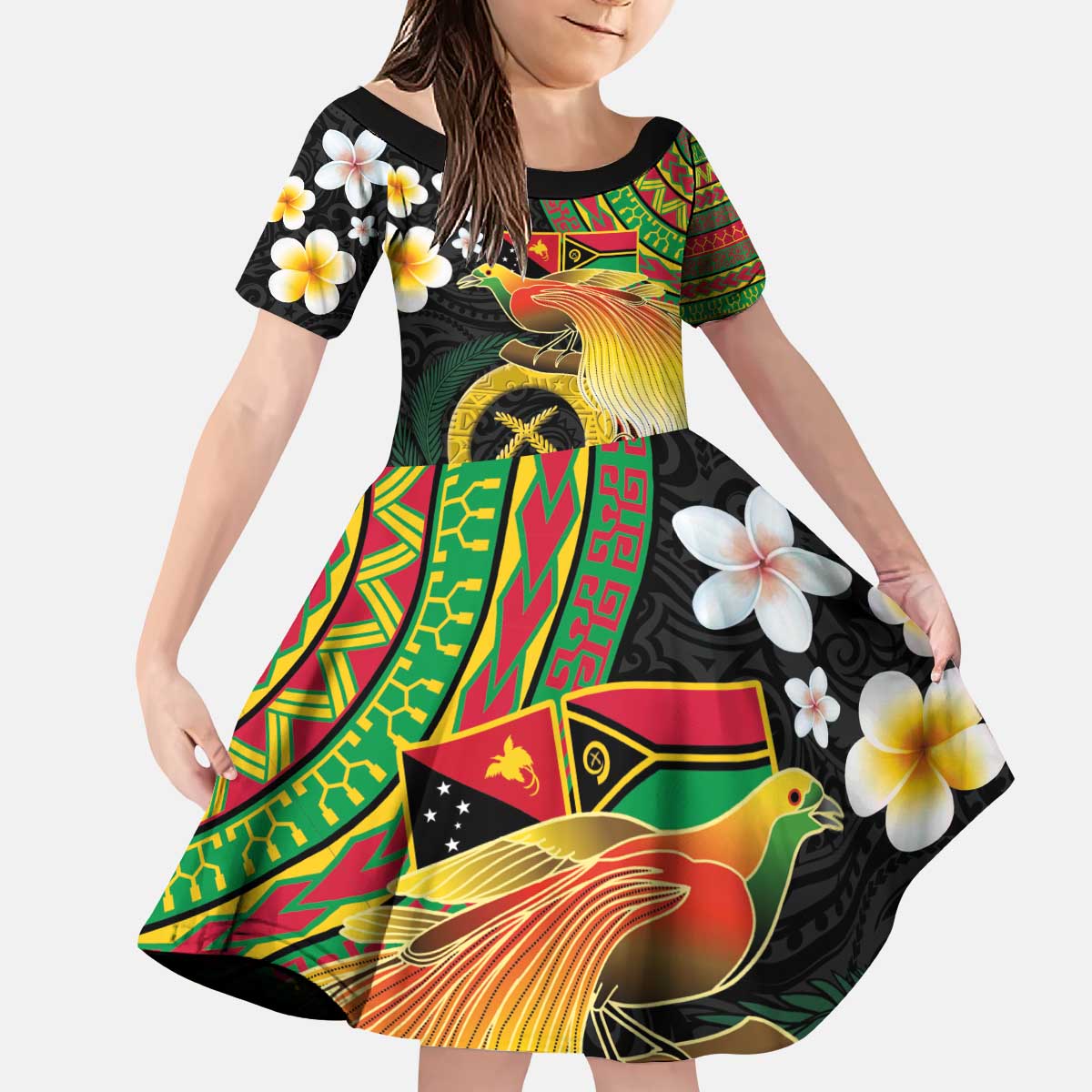 Vanuatu and Papua New Guinea Together Kid Short Sleeve Dress Bird-of-paradise and Pig Tusk Melanesian Pattern LT03 KID Black - Polynesian Pride