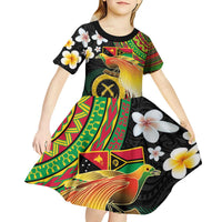 Vanuatu and Papua New Guinea Together Kid Short Sleeve Dress Bird-of-paradise and Pig Tusk Melanesian Pattern LT03 - Polynesian Pride