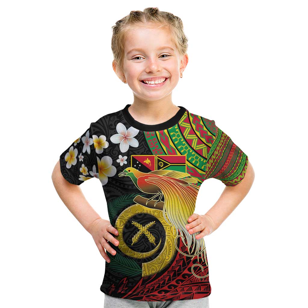 Vanuatu and Papua New Guinea Together Kid T Shirt Bird-of-paradise and Pig Tusk Melanesian Pattern LT03 Black - Polynesian Pride