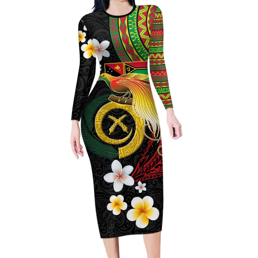 Vanuatu and Papua New Guinea Together Long Sleeve Bodycon Dress Bird-of-paradise and Pig Tusk Melanesian Pattern LT03 Long Dress Black - Polynesian Pride