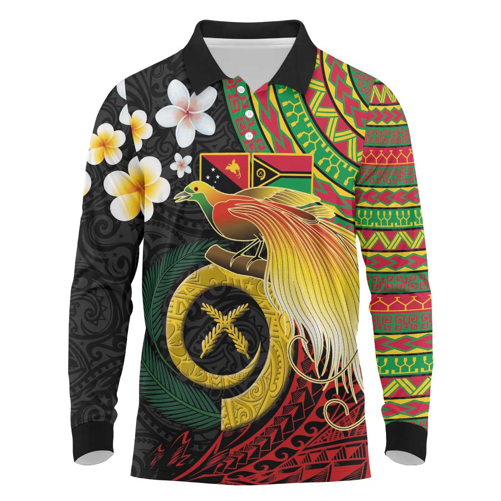 Vanuatu and Papua New Guinea Together Long Sleeve Polo Shirt Bird-of-paradise and Pig Tusk Melanesian Pattern LT03 Black - Polynesian Pride