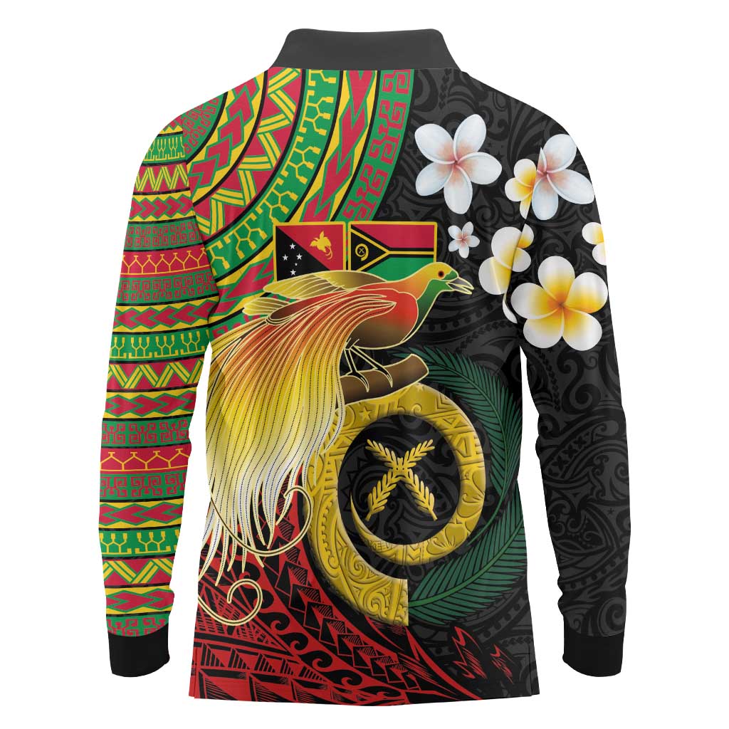 Vanuatu and Papua New Guinea Together Long Sleeve Polo Shirt Bird-of-paradise and Pig Tusk Melanesian Pattern LT03 - Polynesian Pride