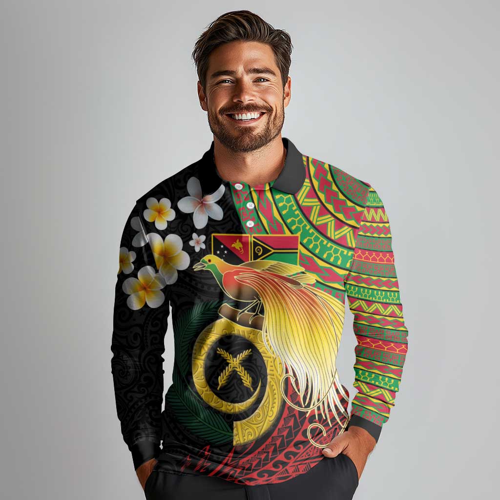 Vanuatu and Papua New Guinea Together Long Sleeve Polo Shirt Bird-of-paradise and Pig Tusk Melanesian Pattern LT03 - Polynesian Pride