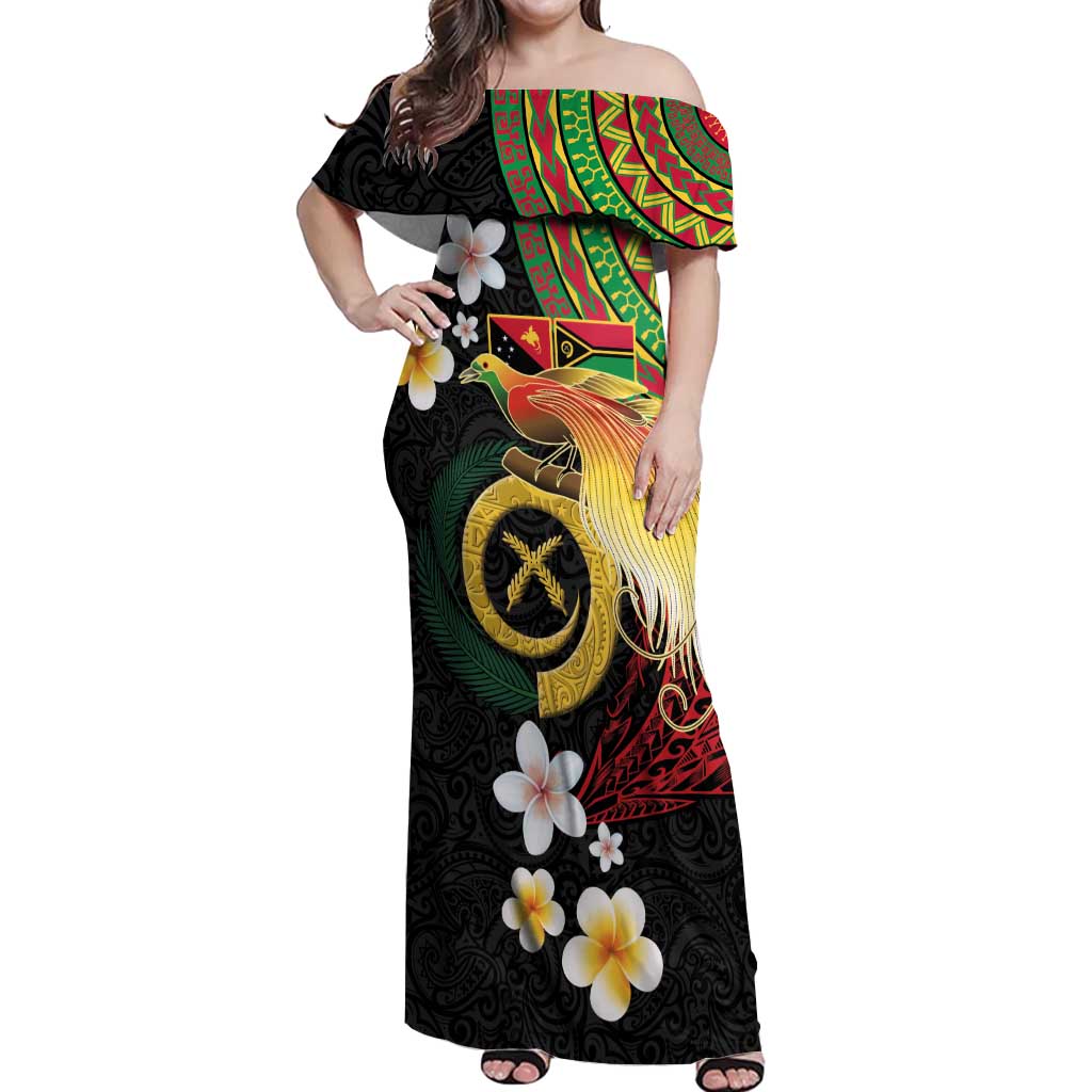 Vanuatu and Papua New Guinea Together Off Shoulder Maxi Dress Bird-of-paradise and Pig Tusk Melanesian Pattern LT03 Women Black - Polynesian Pride