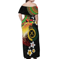 Vanuatu and Papua New Guinea Together Off Shoulder Maxi Dress Bird-of-paradise and Pig Tusk Melanesian Pattern LT03 - Polynesian Pride