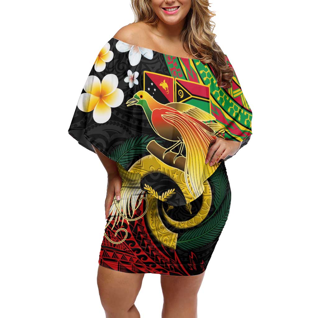 Vanuatu and Papua New Guinea Together Off Shoulder Short Dress Bird-of-paradise and Pig Tusk Melanesian Pattern LT03 Women Black - Polynesian Pride