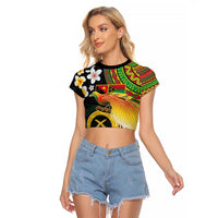 Vanuatu and Papua New Guinea Together Raglan Cropped T Shirt Bird-of-paradise and Pig Tusk Melanesian Pattern LT03 Female Black - Polynesian Pride