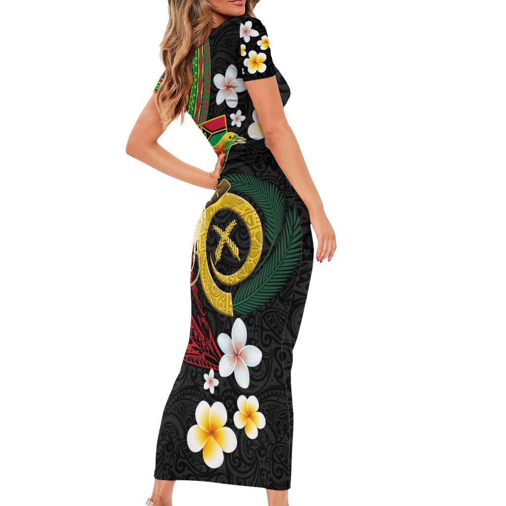 Vanuatu and Papua New Guinea Together Short Sleeve Bodycon Dress Bird-of-paradise and Pig Tusk Melanesian Pattern LT03 - Polynesian Pride