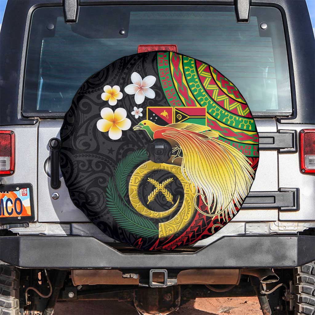 Vanuatu and Papua New Guinea Together Spare Tire Cover Bird-of-paradise and Pig Tusk Melanesian Pattern LT03 Black - Polynesian Pride