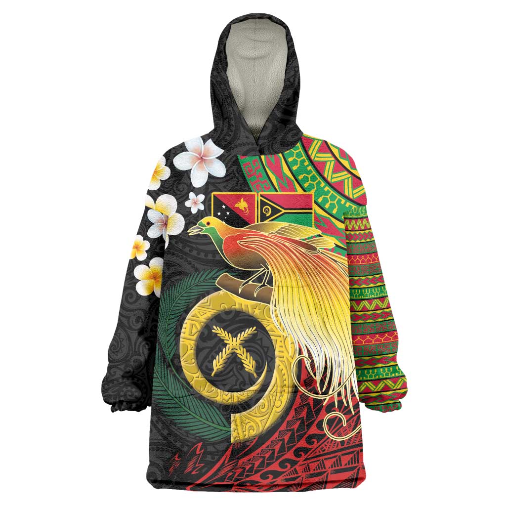 Vanuatu and Papua New Guinea Together Wearable Blanket Hoodie Bird-of-paradise and Pig Tusk Melanesian Pattern LT03 One Size Black - Polynesian Pride