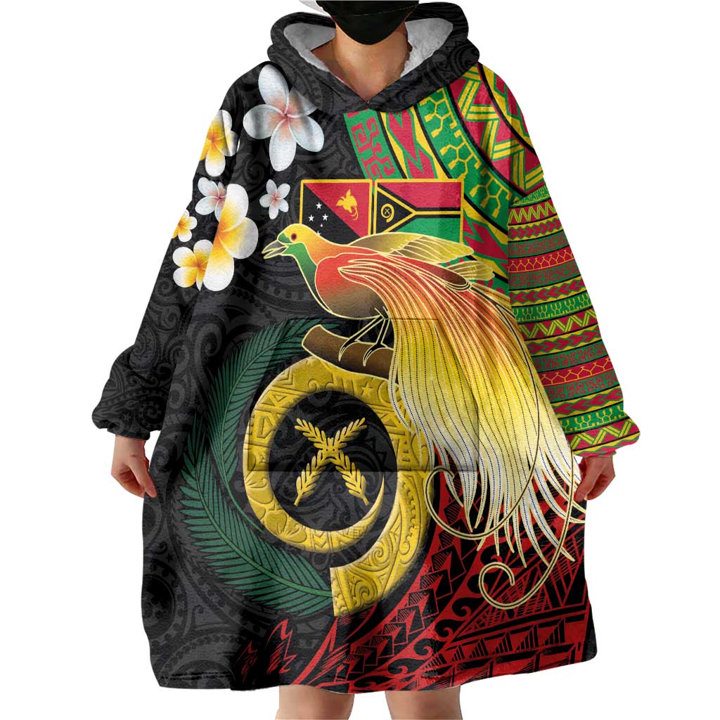 Vanuatu and Papua New Guinea Together Wearable Blanket Hoodie Bird-of-paradise and Pig Tusk Melanesian Pattern LT03 - Polynesian Pride