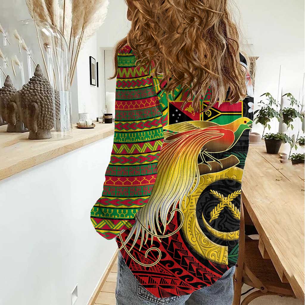 Vanuatu and Papua New Guinea Together Women Casual Shirt Bird-of-paradise and Pig Tusk Melanesian Pattern LT03 - Polynesian Pride