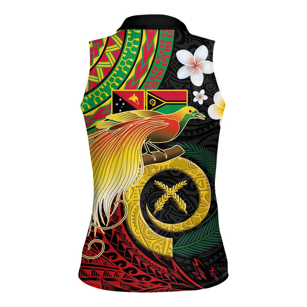 Vanuatu and Papua New Guinea Together Women Sleeveless Polo Shirt Bird-of-paradise and Pig Tusk Melanesian Pattern LT03 - Polynesian Pride