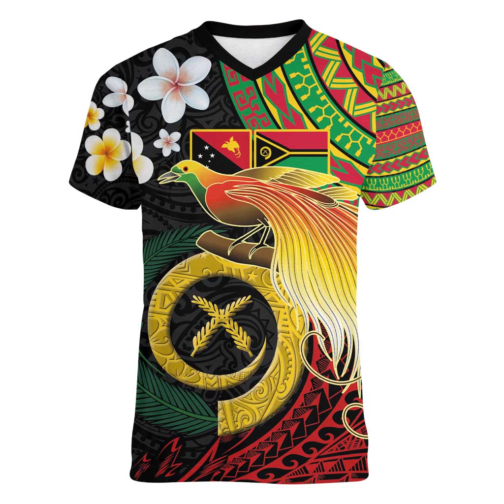 Vanuatu and Papua New Guinea Together Women V-Neck T-Shirt Bird-of-paradise and Pig Tusk Melanesian Pattern