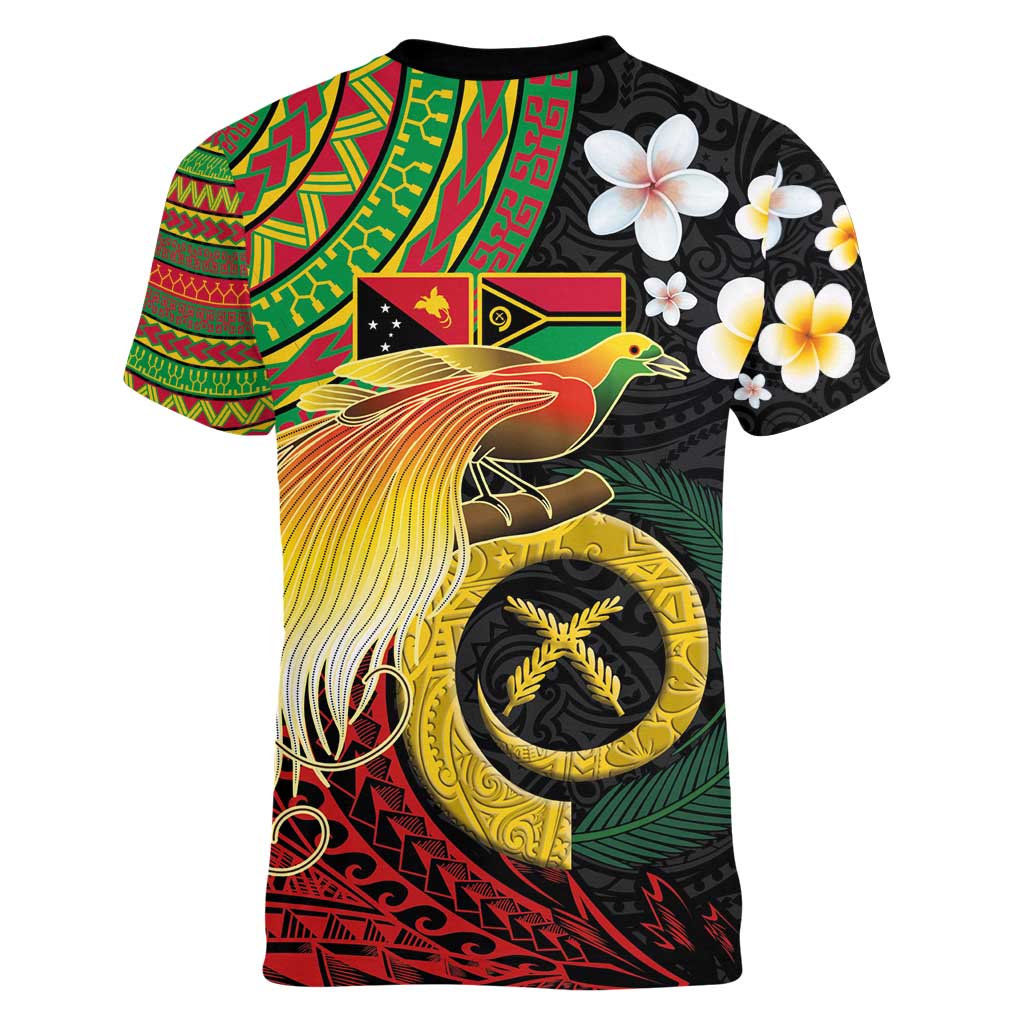 Vanuatu and Papua New Guinea Together Women V-Neck T-Shirt Bird-of-paradise and Pig Tusk Melanesian Pattern LT03 - Polynesian Pride
