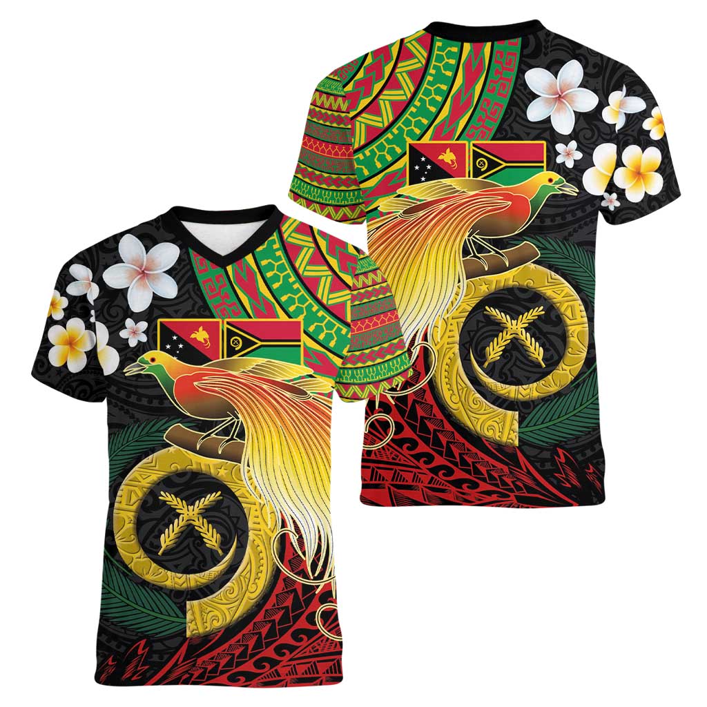 Vanuatu and Papua New Guinea Together Women V-Neck T-Shirt Bird-of-paradise and Pig Tusk Melanesian Pattern LT03 - Polynesian Pride