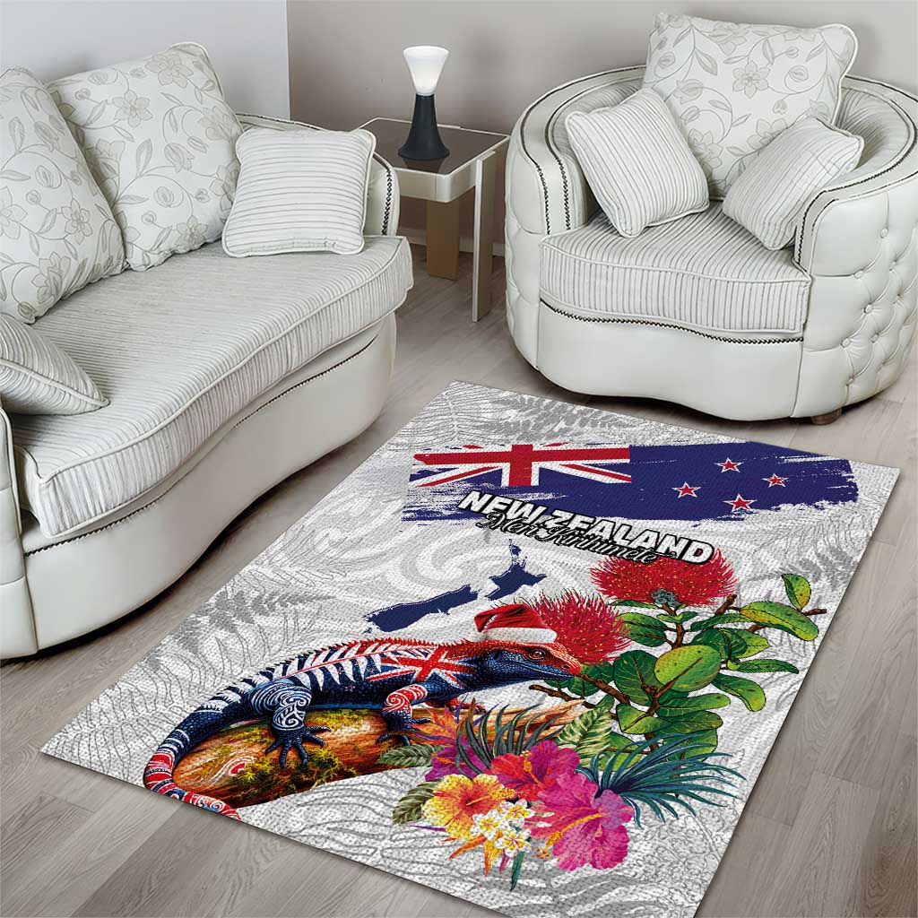 New Zealand Christmas Area Rug Meri Kirihimete-Tuatara and Pohutukawa White Color LT03 - Polynesian Pride