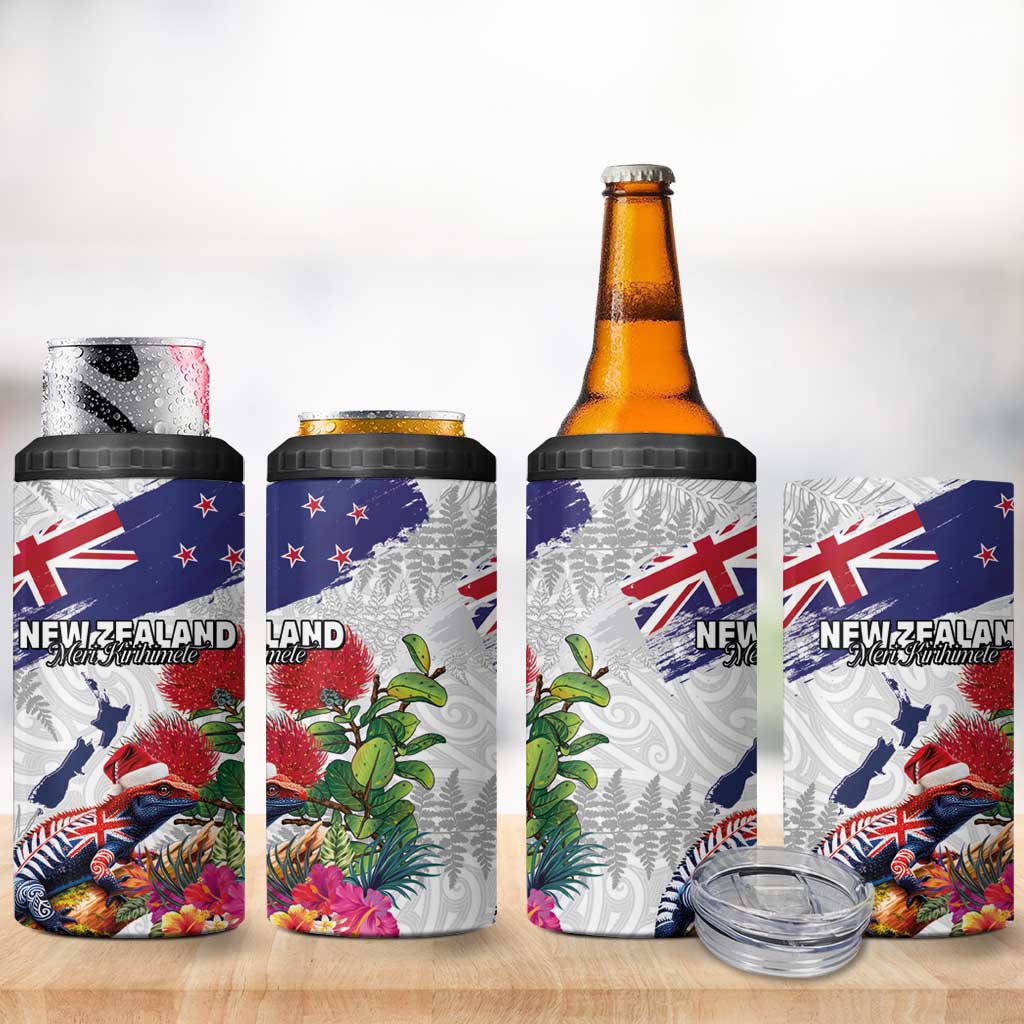 New Zealand Christmas 4 in 1 Can Cooler Tumbler Meri Kirihimete-Tuatara and Pohutukawa White Color LT03 - Polynesian Pride