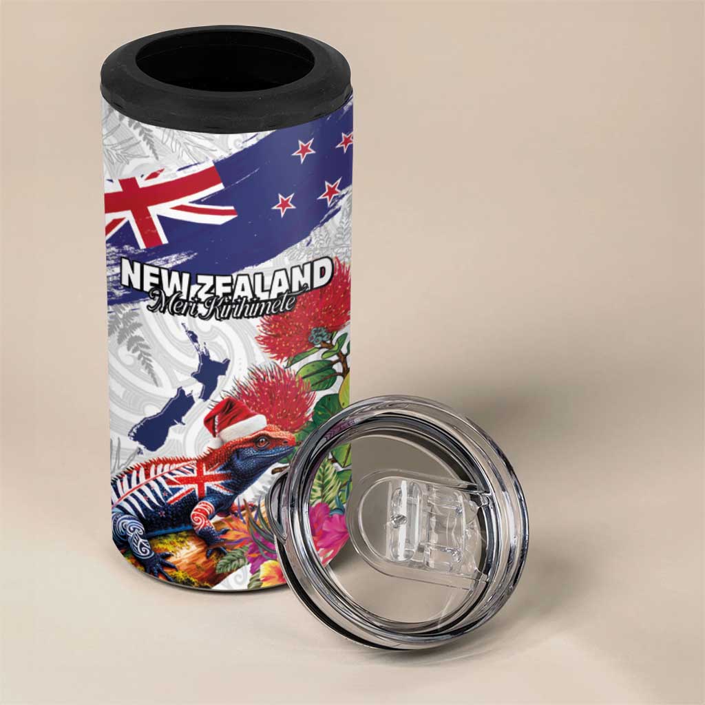 New Zealand Christmas 4 in 1 Can Cooler Tumbler Meri Kirihimete-Tuatara and Pohutukawa White Color LT03 - Polynesian Pride