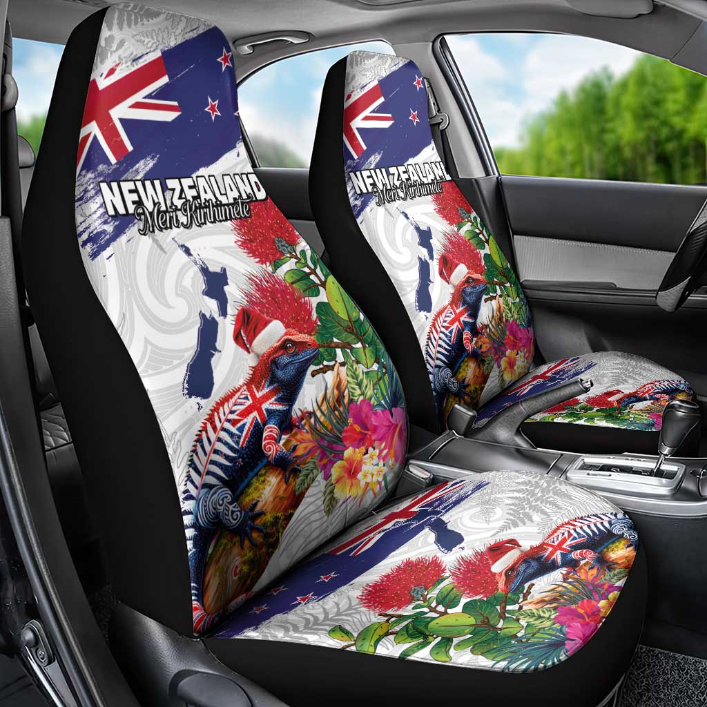 New Zealand Christmas Car Seat Cover Meri Kirihimete-Tuatara and Pohutukawa White Color LT03 - Polynesian Pride