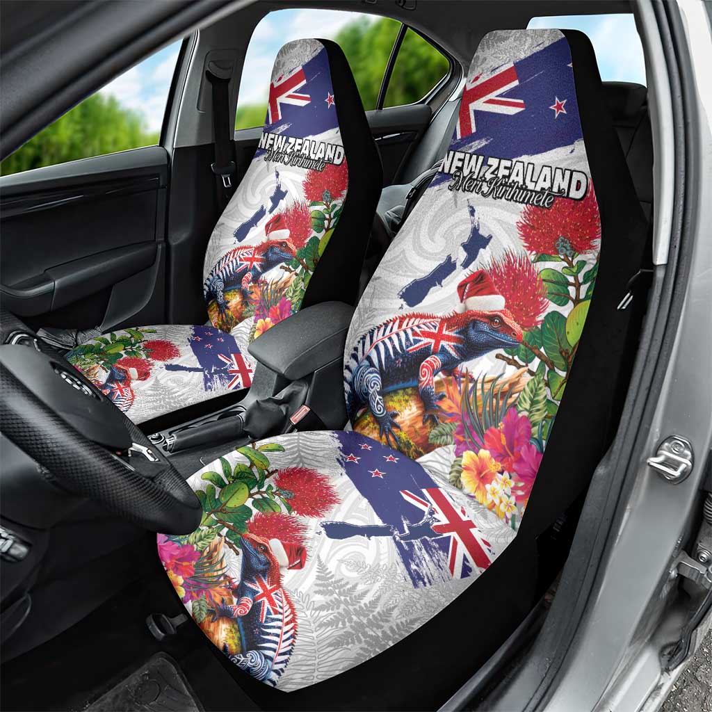 New Zealand Christmas Car Seat Cover Meri Kirihimete-Tuatara and Pohutukawa White Color LT03 - Polynesian Pride