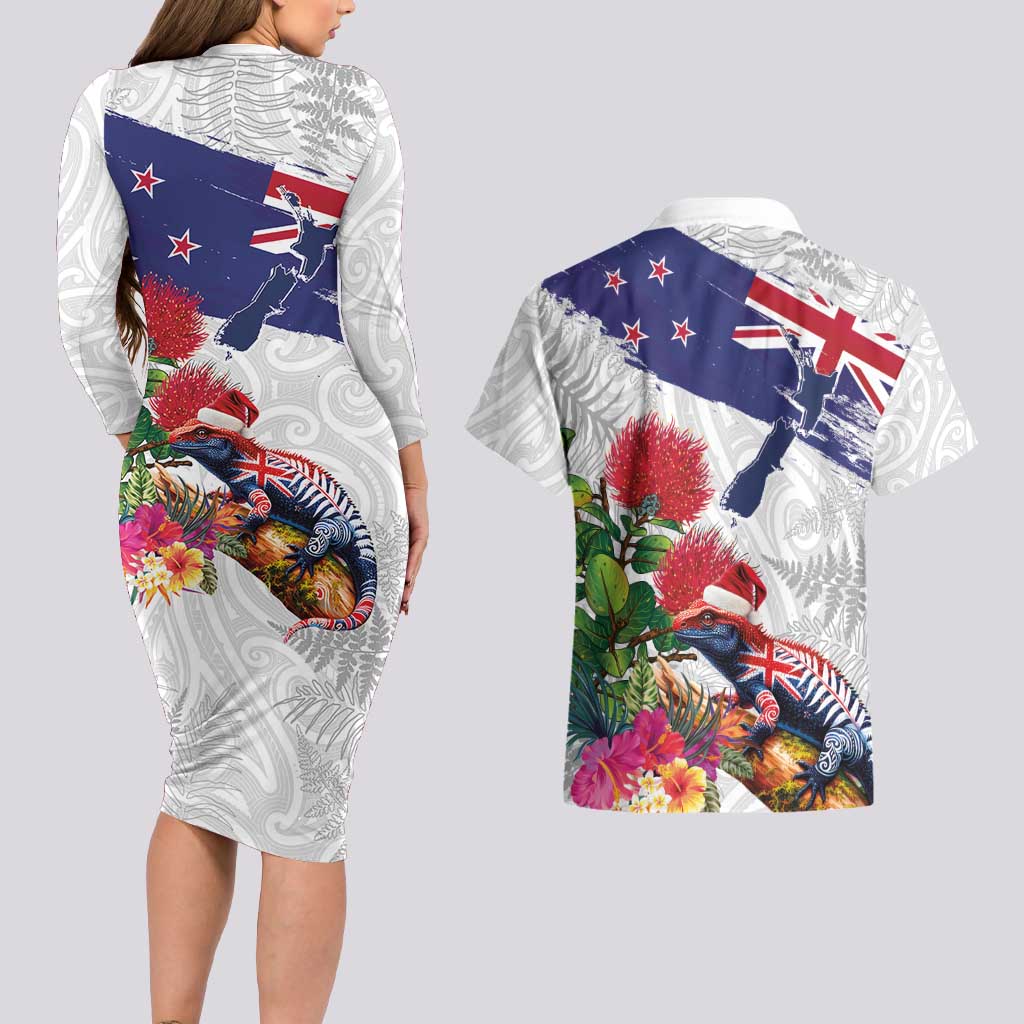 New Zealand Christmas Couples Matching Long Sleeve Bodycon Dress and Hawaiian Shirt Meri Kirihimete-Tuatara and Pohutukawa White Color LT03 - Polynesian Pride