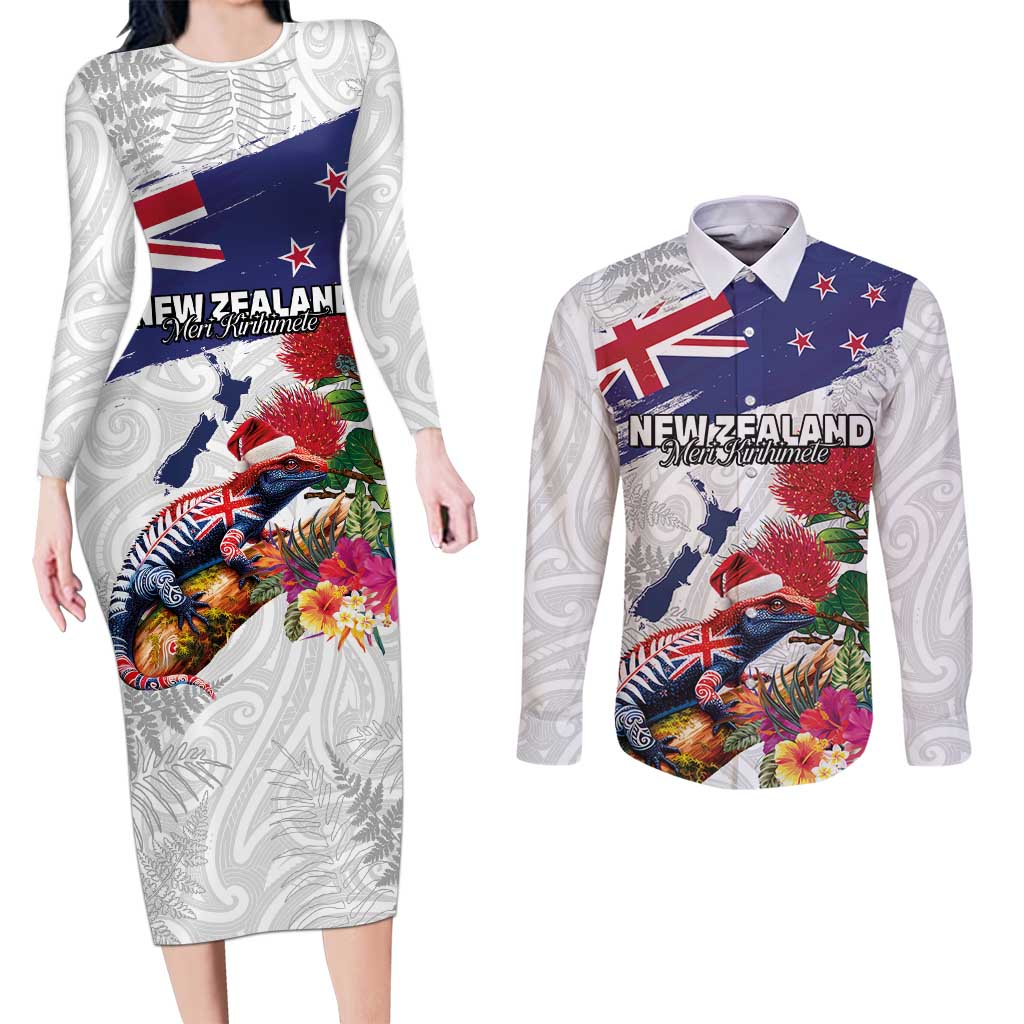 New Zealand Christmas Couples Matching Long Sleeve Bodycon Dress and Long Sleeve Button Shirt Meri Kirihimete-Tuatara and Pohutukawa White Color LT03 White - Polynesian Pride