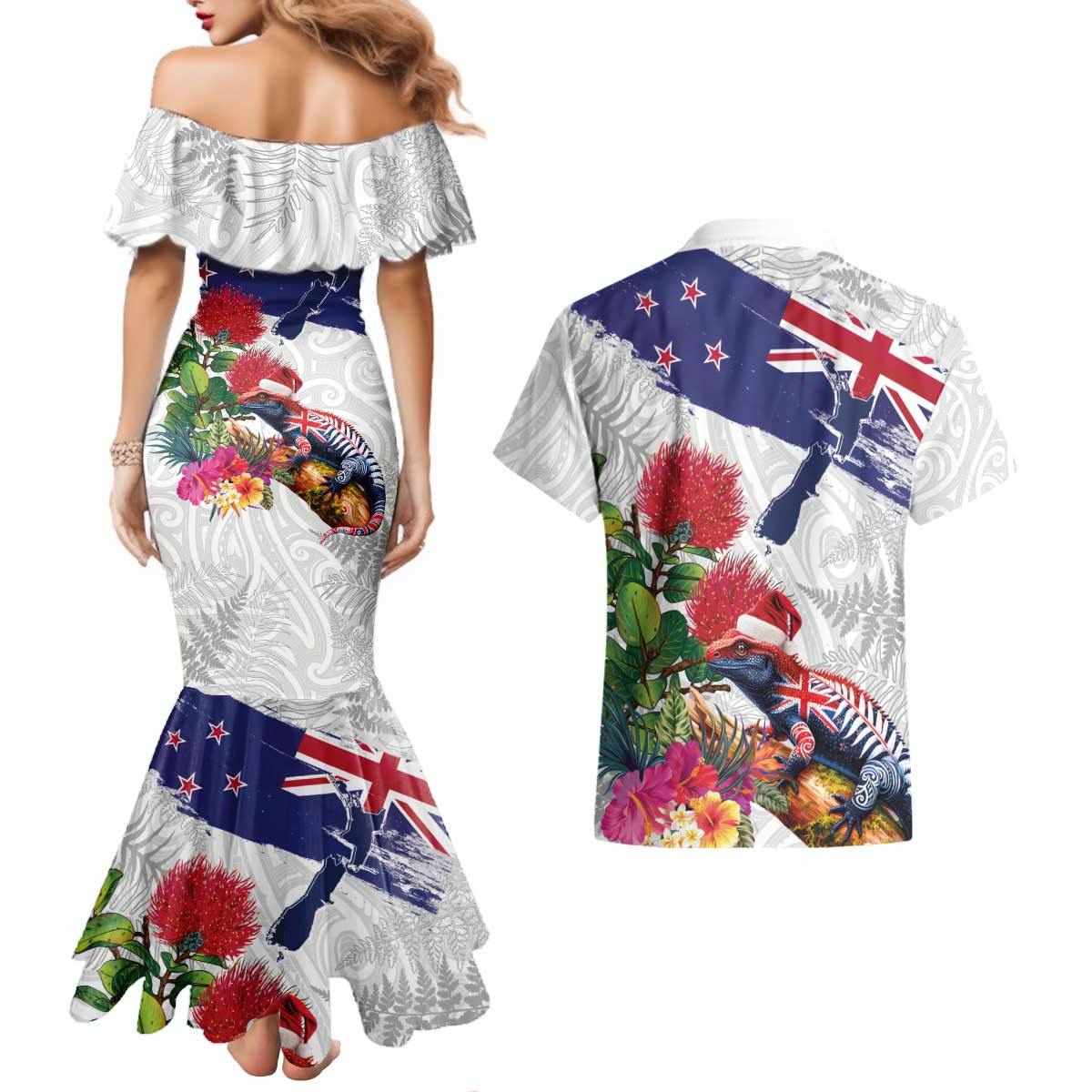 New Zealand Christmas Couples Matching Mermaid Dress and Hawaiian Shirt Meri Kirihimete-Tuatara and Pohutukawa White Color LT03 - Polynesian Pride