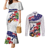 New Zealand Christmas Couples Matching Mermaid Dress and Long Sleeve Button Shirt Meri Kirihimete-Tuatara and Pohutukawa White Color LT03 White - Polynesian Pride