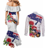 New Zealand Christmas Couples Matching Mermaid Dress and Long Sleeve Button Shirt Meri Kirihimete-Tuatara and Pohutukawa White Color LT03 - Polynesian Pride