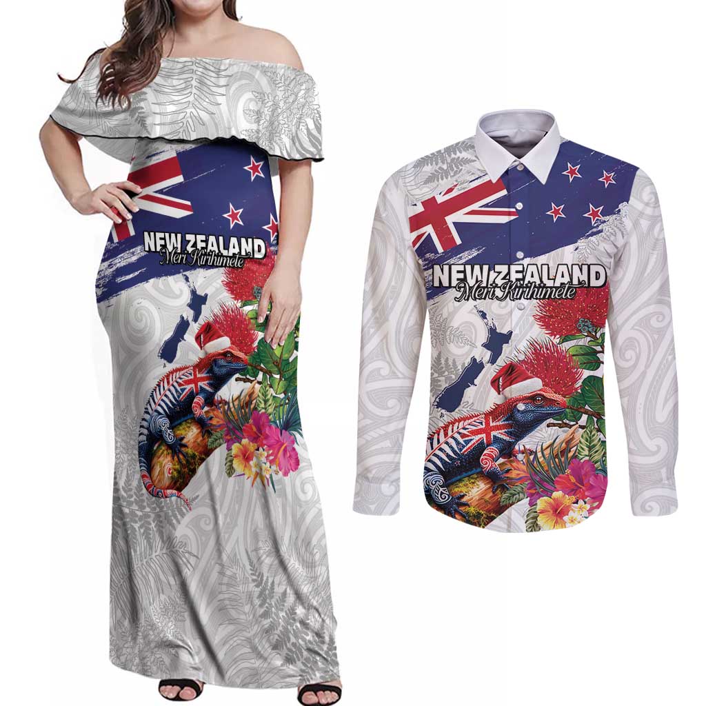 New Zealand Christmas Couples Matching Off Shoulder Maxi Dress and Long Sleeve Button Shirt Meri Kirihimete-Tuatara and Pohutukawa White Color LT03 White - Polynesian Pride