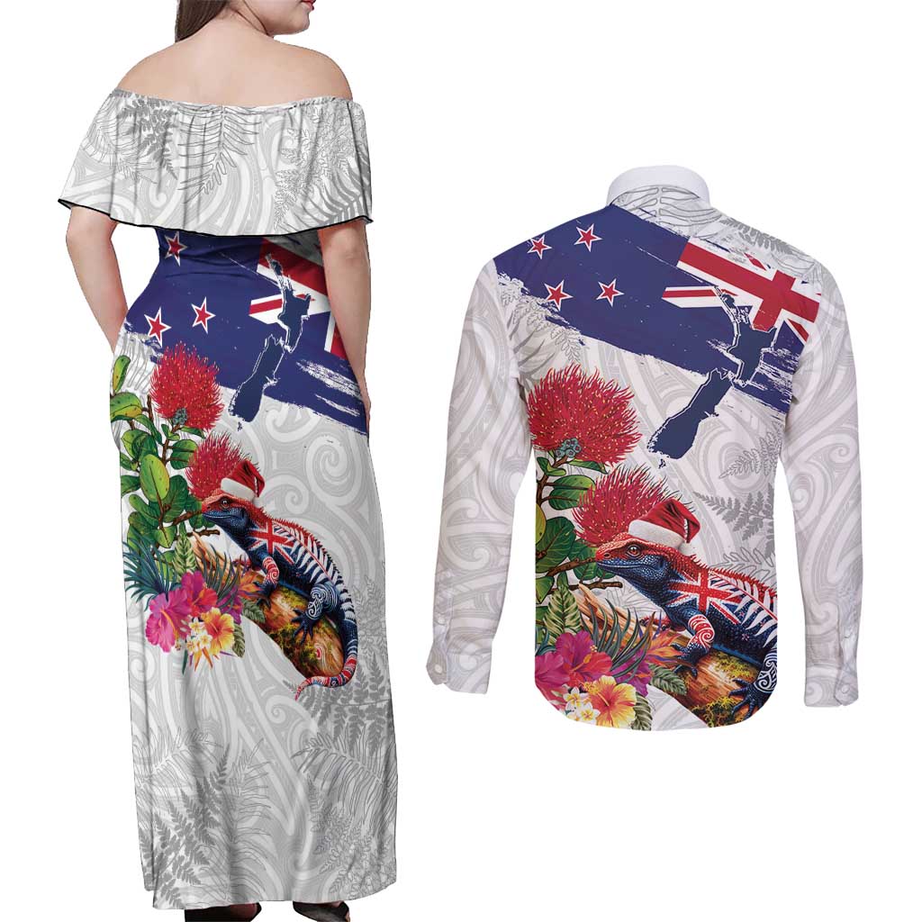New Zealand Christmas Couples Matching Off Shoulder Maxi Dress and Long Sleeve Button Shirt Meri Kirihimete-Tuatara and Pohutukawa White Color LT03 - Polynesian Pride