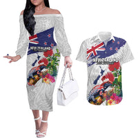 New Zealand Christmas Couples Matching Off The Shoulder Long Sleeve Dress and Hawaiian Shirt Meri Kirihimete-Tuatara and Pohutukawa White Color LT03 White - Polynesian Pride