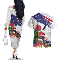 New Zealand Christmas Couples Matching Off The Shoulder Long Sleeve Dress and Hawaiian Shirt Meri Kirihimete-Tuatara and Pohutukawa White Color LT03 - Polynesian Pride